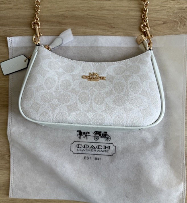 Coach White Logo Small Crescent Shoulder Bag Zip Gold Chain Strap w/ Card