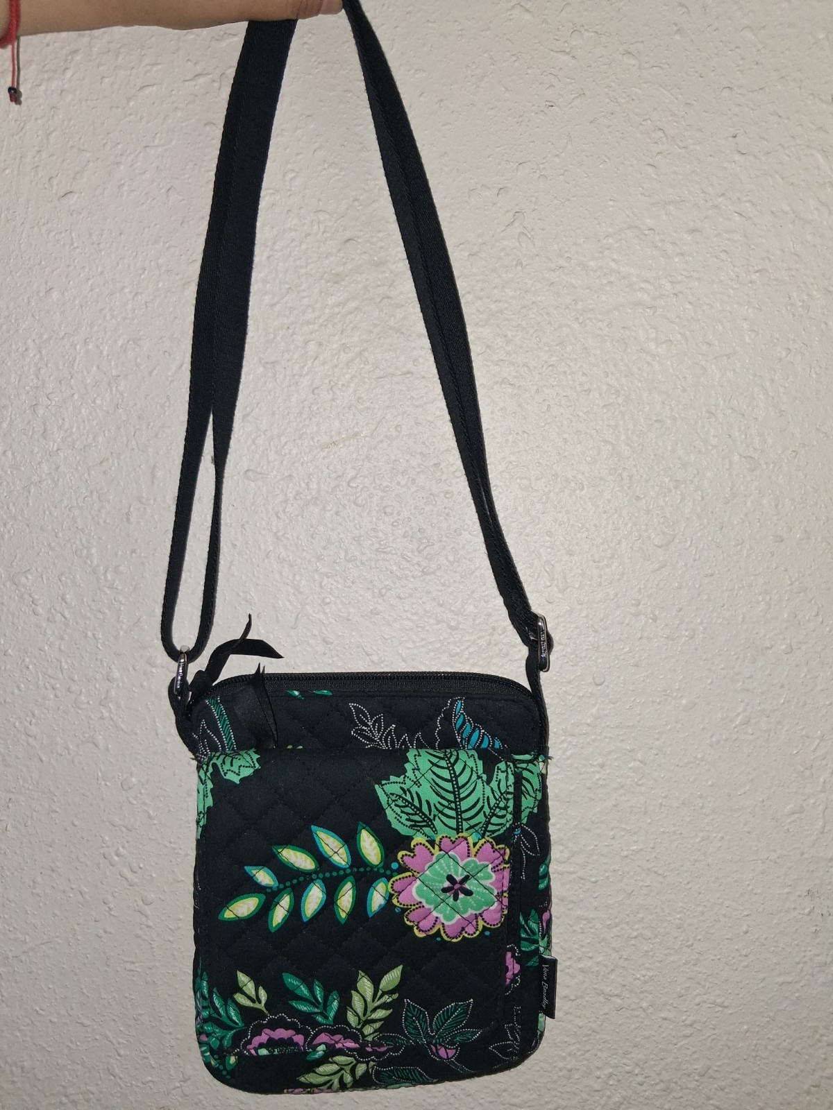 Vera Bradley Black Quilted Floral Crossbody Bag Small Zipper Button Accent