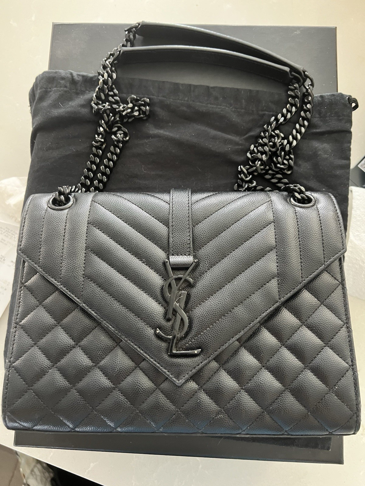 Saint Laurent Envelope Black Quilted YSL Monogram Chain Strap Bag Dust Bag