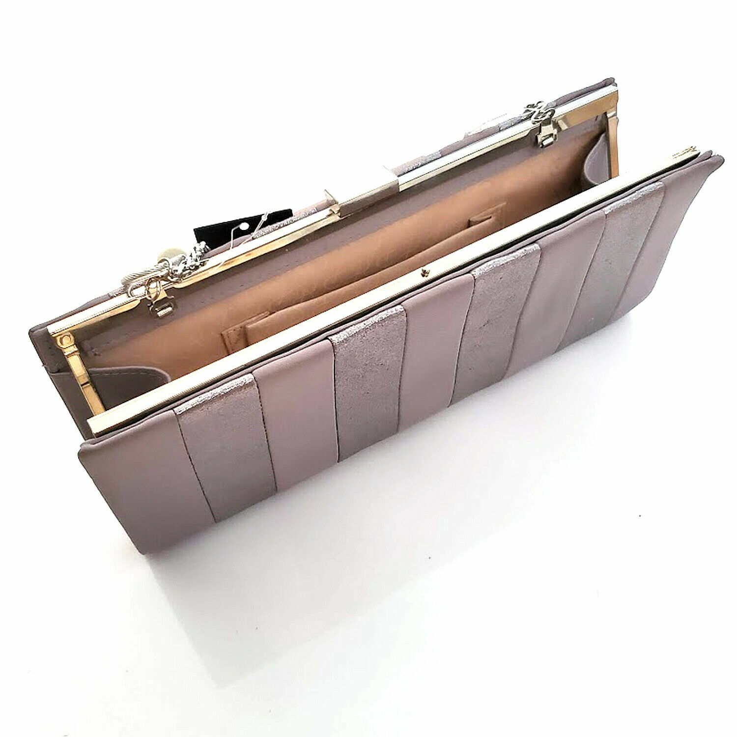 New Adrianna Papell Silver Satin Striped Chain Strap Clutch 10″ W 4″ H 0.75″ D