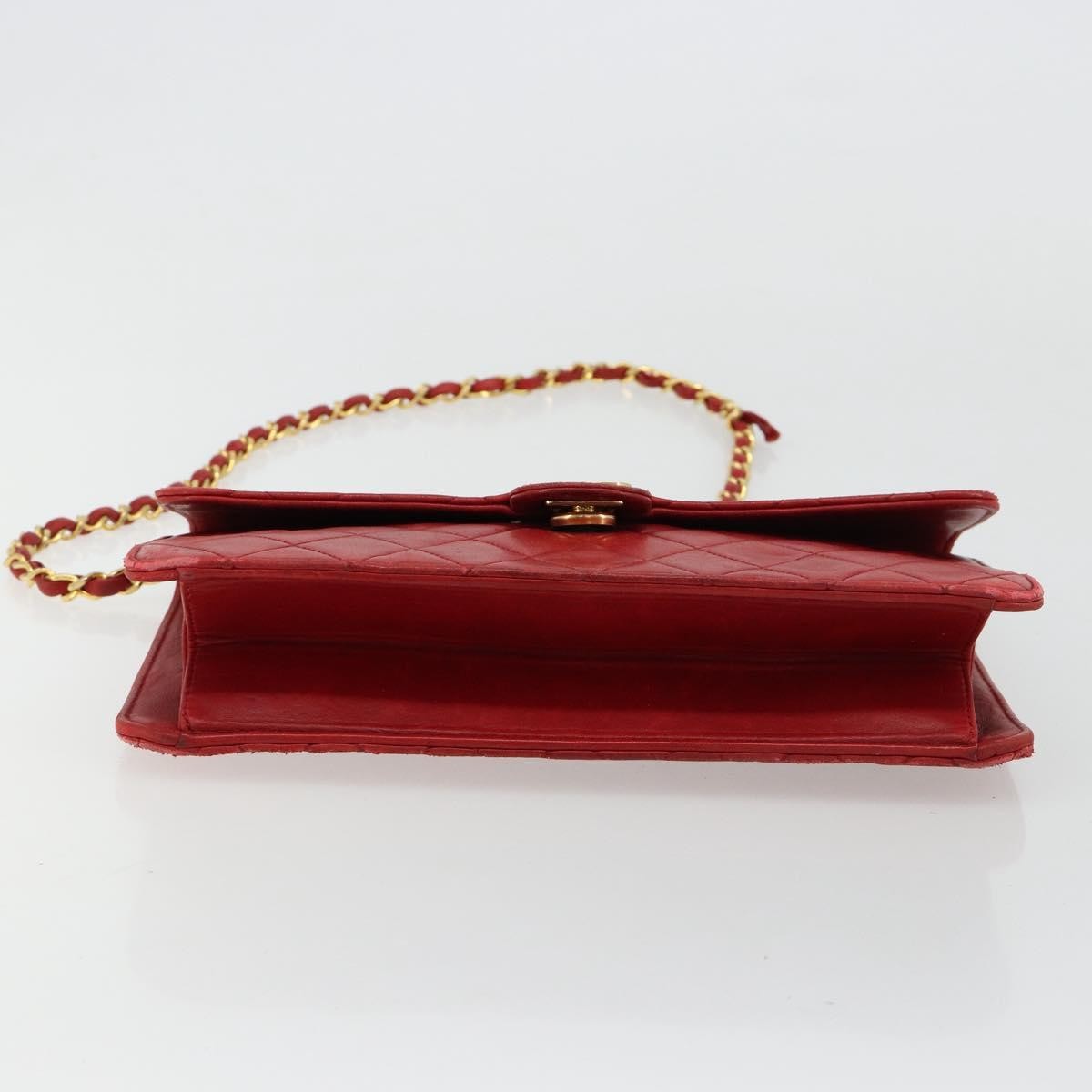 CHANEL Matelasse Chain Shoulder Bag Lamb Skin Red Gold CC Auth 181183