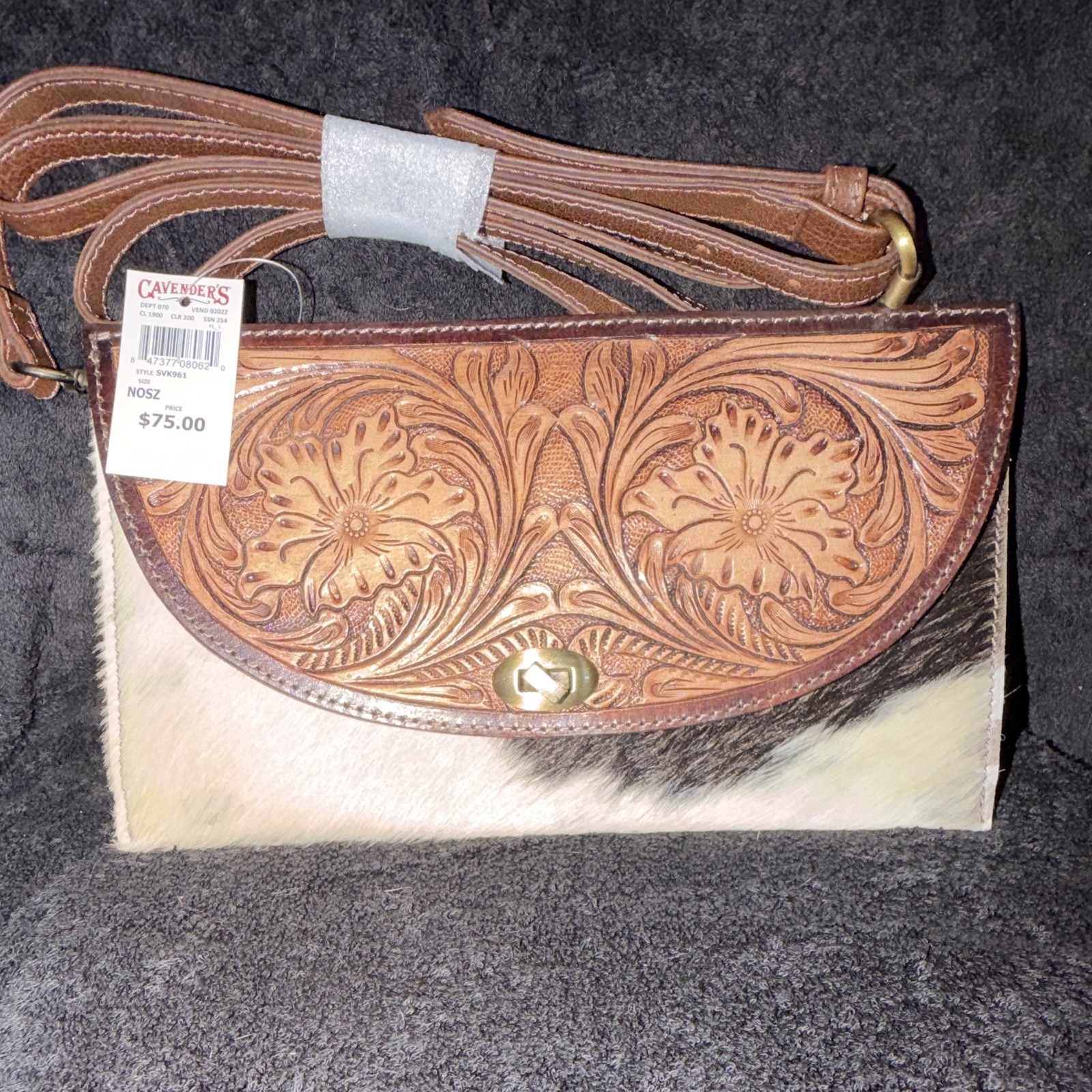 Tooled Hair-On Hide Leather Crossbody Shoulder Bag Turn Lock Gold Brown White