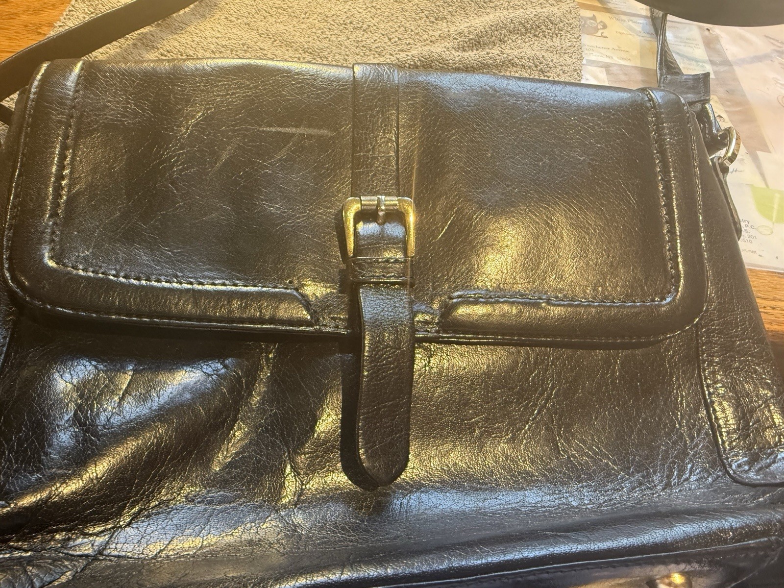 Vintage Navy Blue Genuine Leather Shoulder Bag Measures 12.5 In X 8 In.