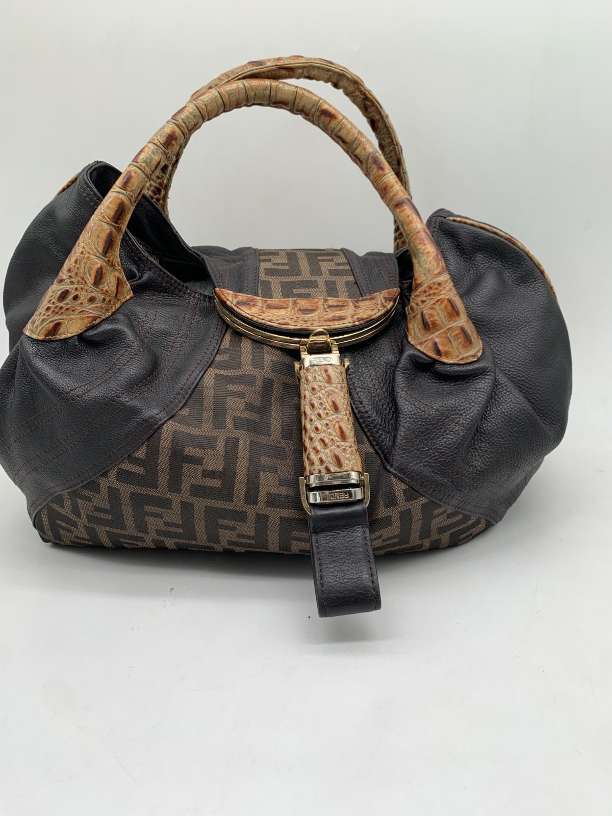 Authentic Fendi FF Jacquard Pattern Top Handle Handbag/EE07218807/8807