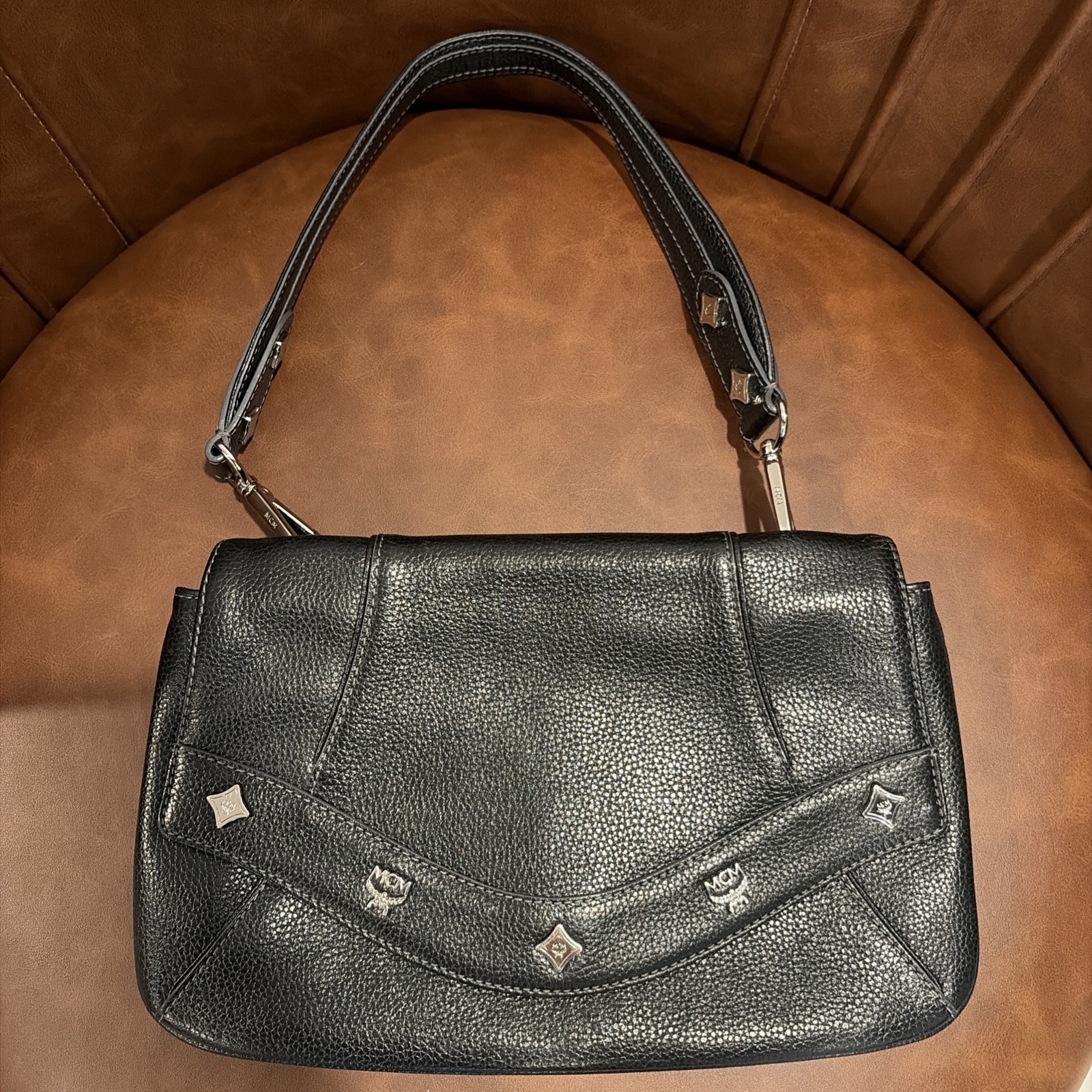 Black MCM shoulder Bag studded logo accents Silver Neutral Lux Pebbled Leather