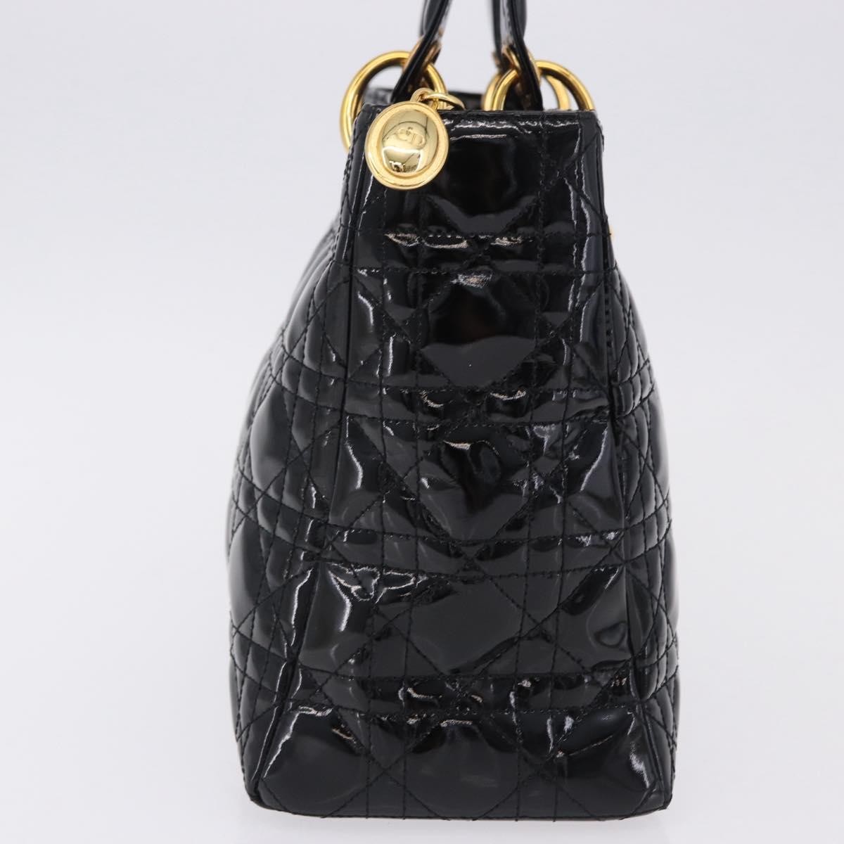 Christian Dior Lady Dior Canage Hand Bag Patent leather Black Gold Auth 194734V