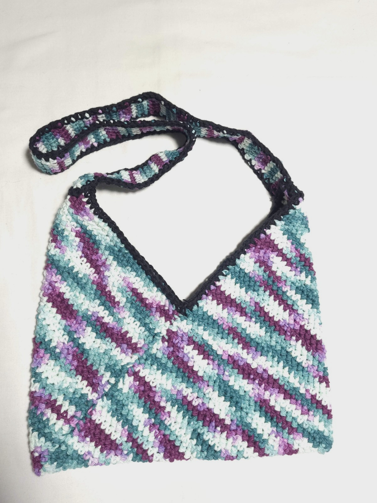 Handmade Crochet Purple Green White Black Cotton Triangle Handbag Purse Tote