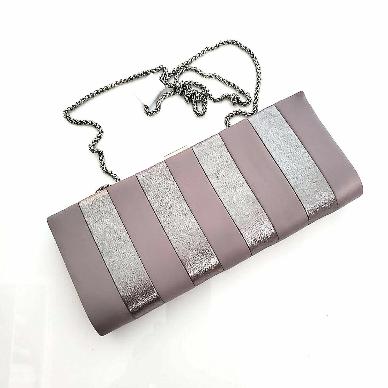 New Adrianna Papell Silver Satin Striped Chain Strap Clutch 10″ W 4″ H 0.75″ D