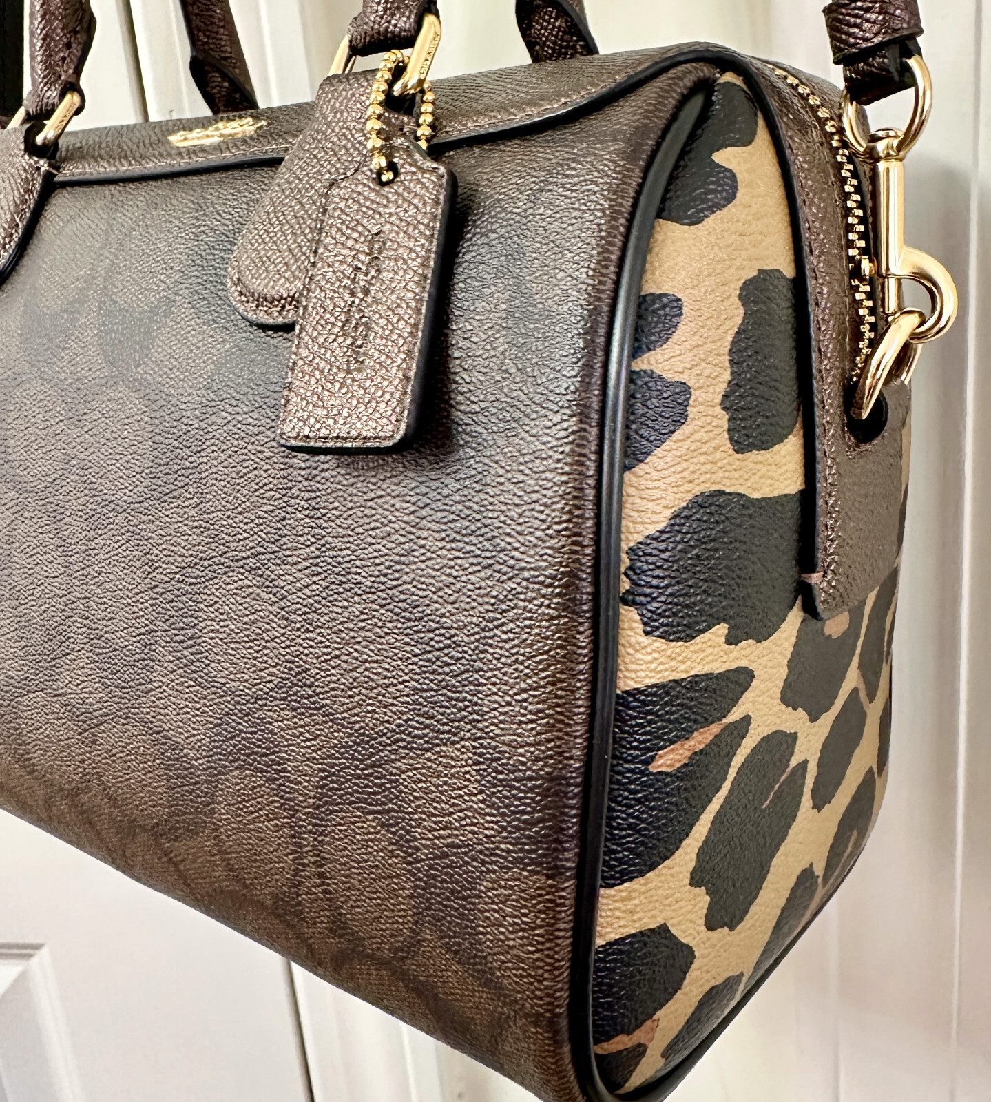COACH Signature and Leopard Print Mixed Mini Bennett Satchel