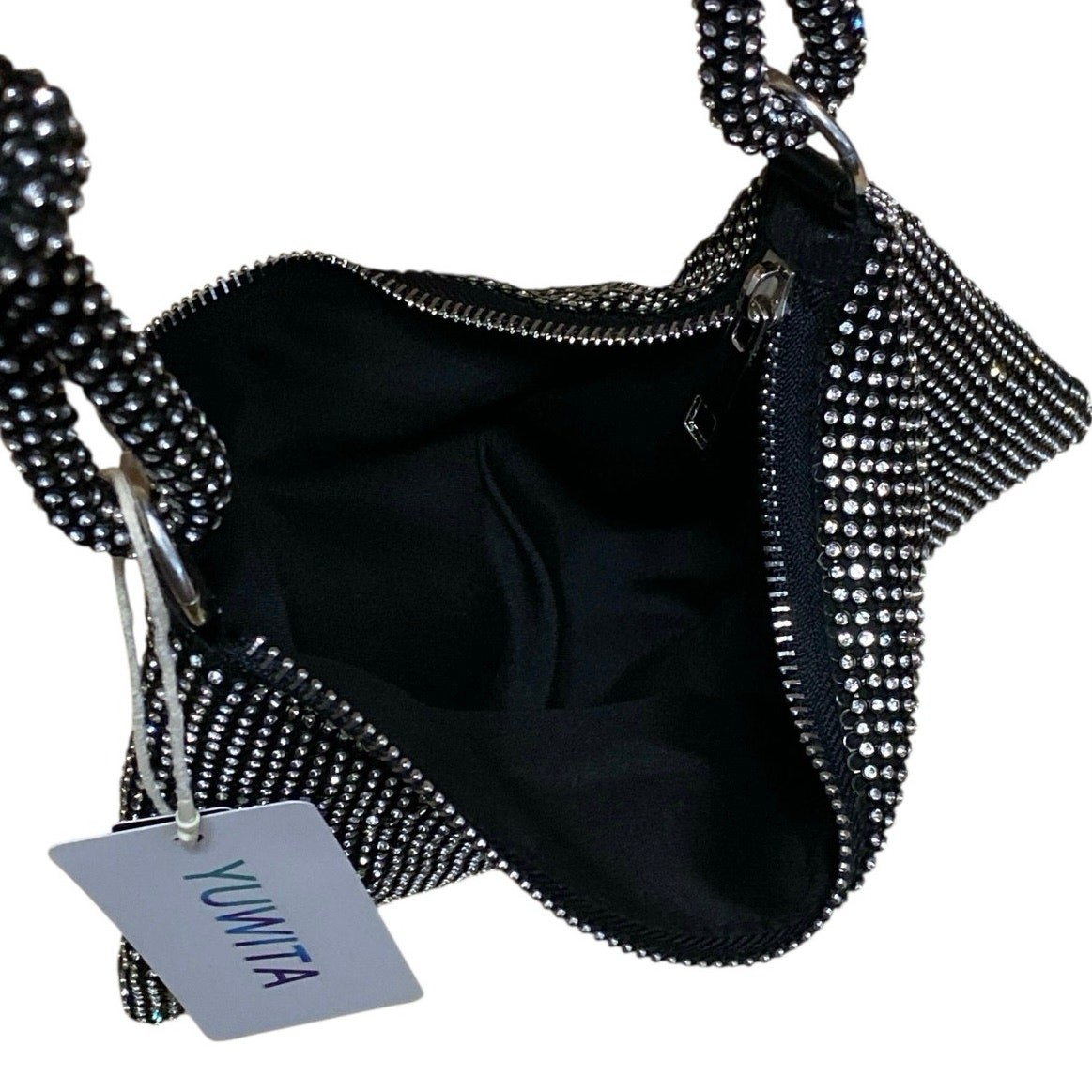 NEW Yuwita Black Rhinestone Knotted ZipHobo Evening Shoulder Strap Handbag OS
