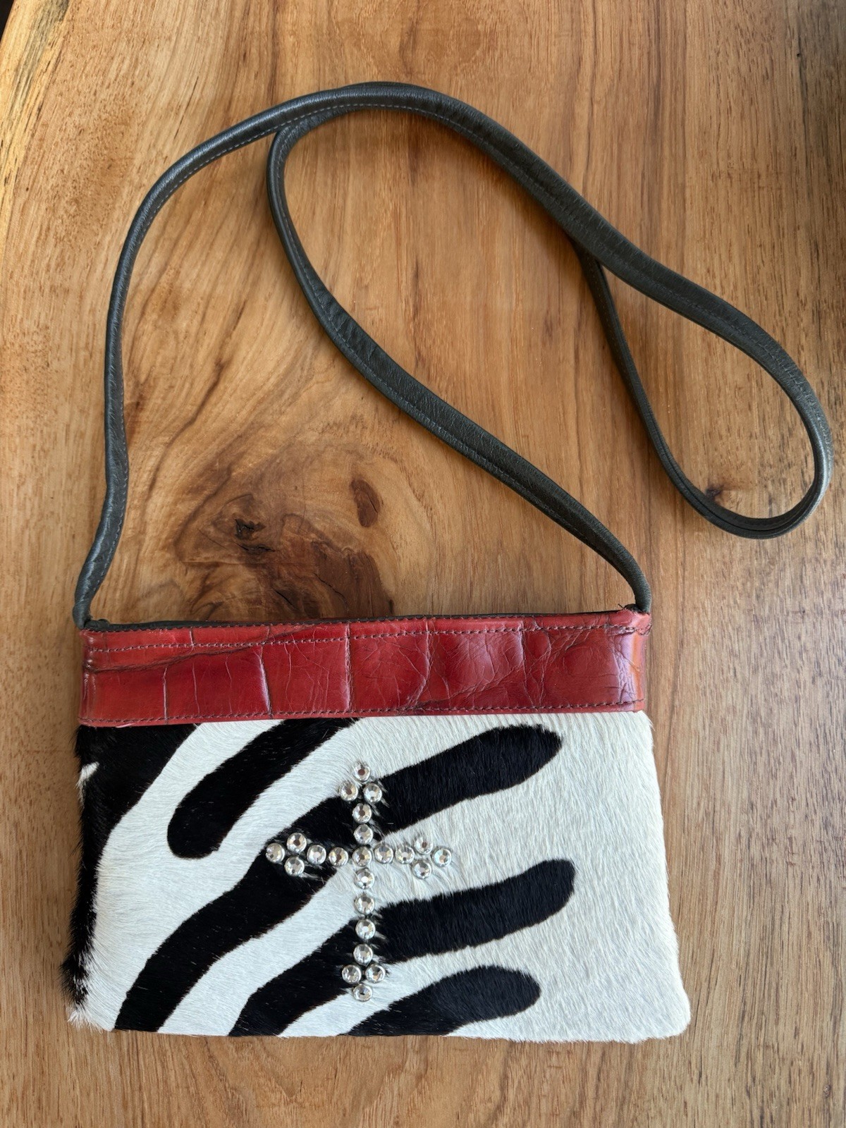 KurtMen Design Rhinestone Cross Red White Black Cowhide Pony Hair Purse