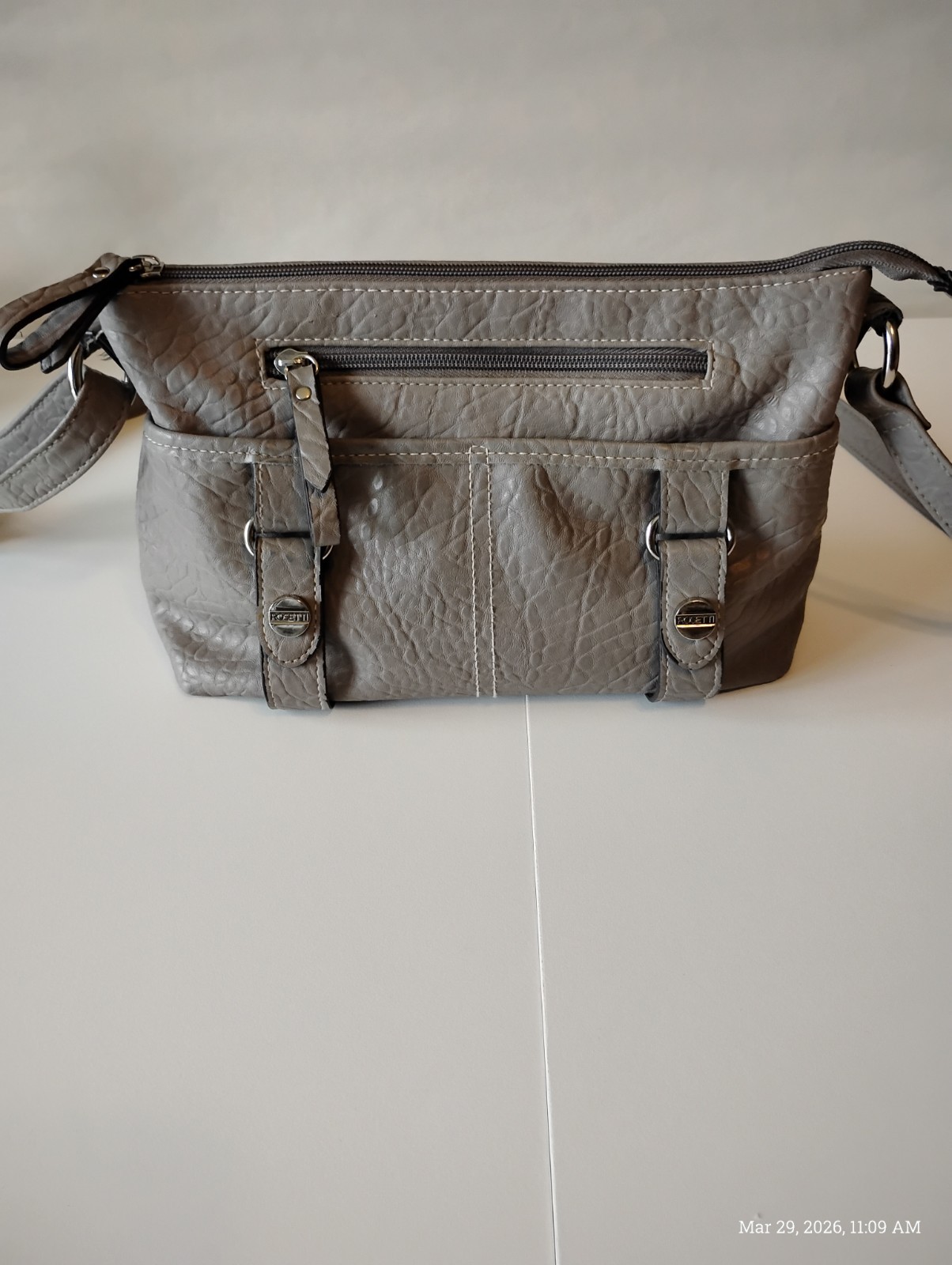 Rosetti Gray Pebbled Shoulder Bag Zipper Buckle Accent Inner Pockets