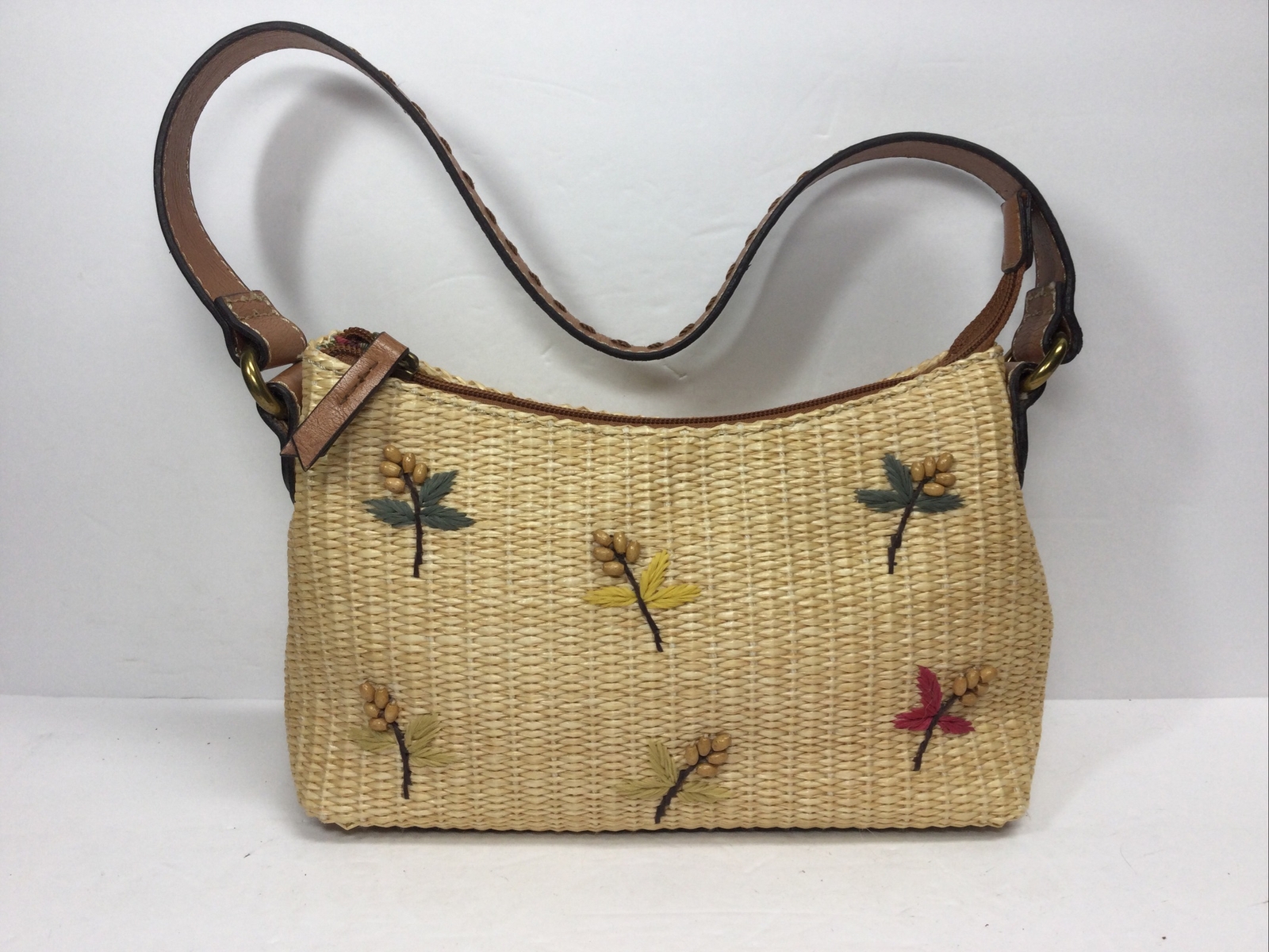 Vintage Fossil Straw Shoulder Bag Hobo Purse Beaded Accents 9in x 6in