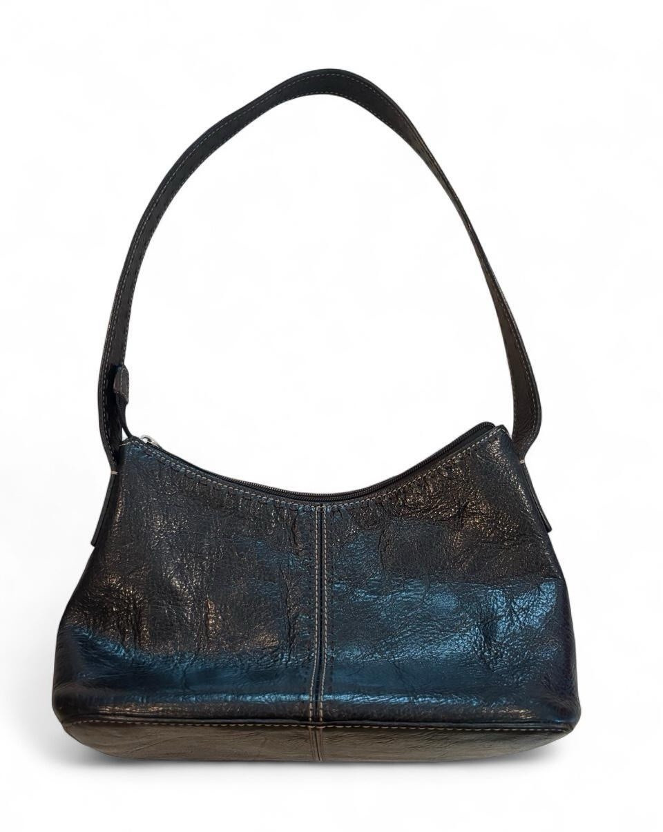 Fossil Genuine Leather Black Shoulder Bag, Zip Top, Lined w/ Inner Pockets