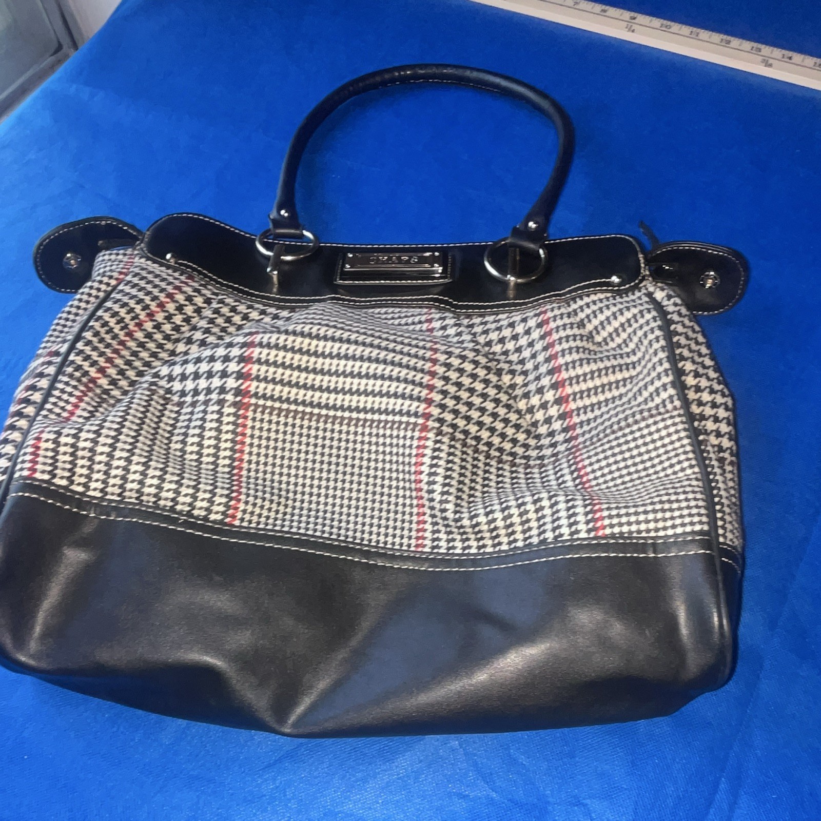 Chaps Women’s Houndstooth Satchel Top Handle Bag Zip Black White Red Silver