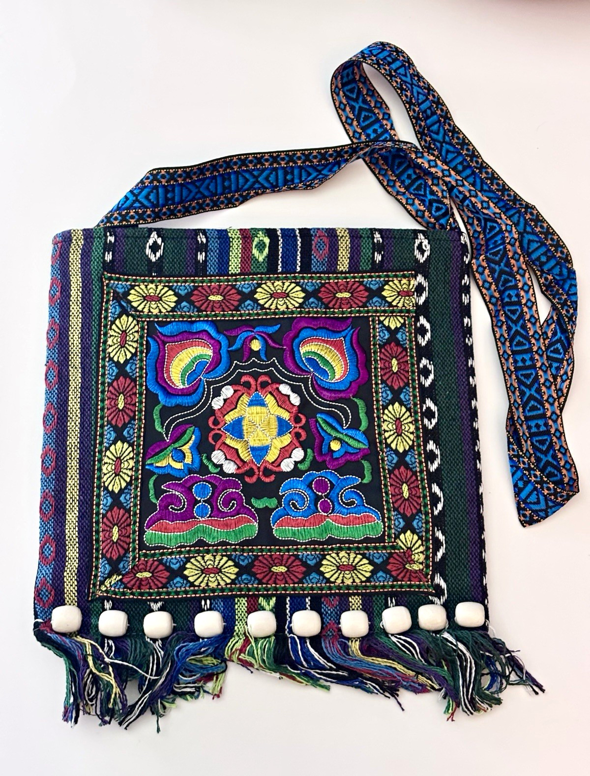 Multicolor Geometric Embroidered Bohemian Crossbody Bag Zip Lined Fringe Pom
