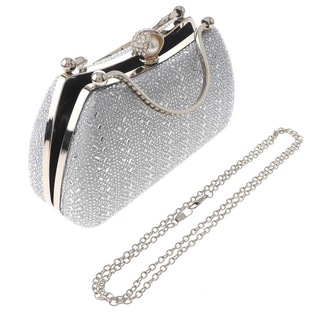 Silver Tone Metal Frame Crystal Rhinestone Fashion Clutch Evening Bag TLX218-SIL