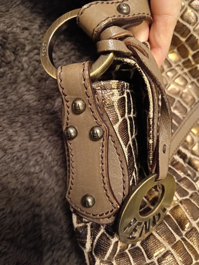 FENDI Gold Croc Embossed Leather Magnetic Flap Shoulder Handbag Chef Purse Bag