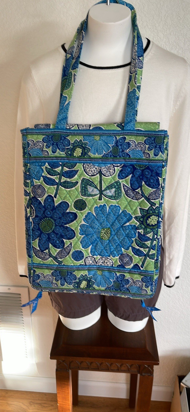 Vera Bradley Doodle Daisy Laptop Tote Bag Blue Green Quilted Travel Tech Case