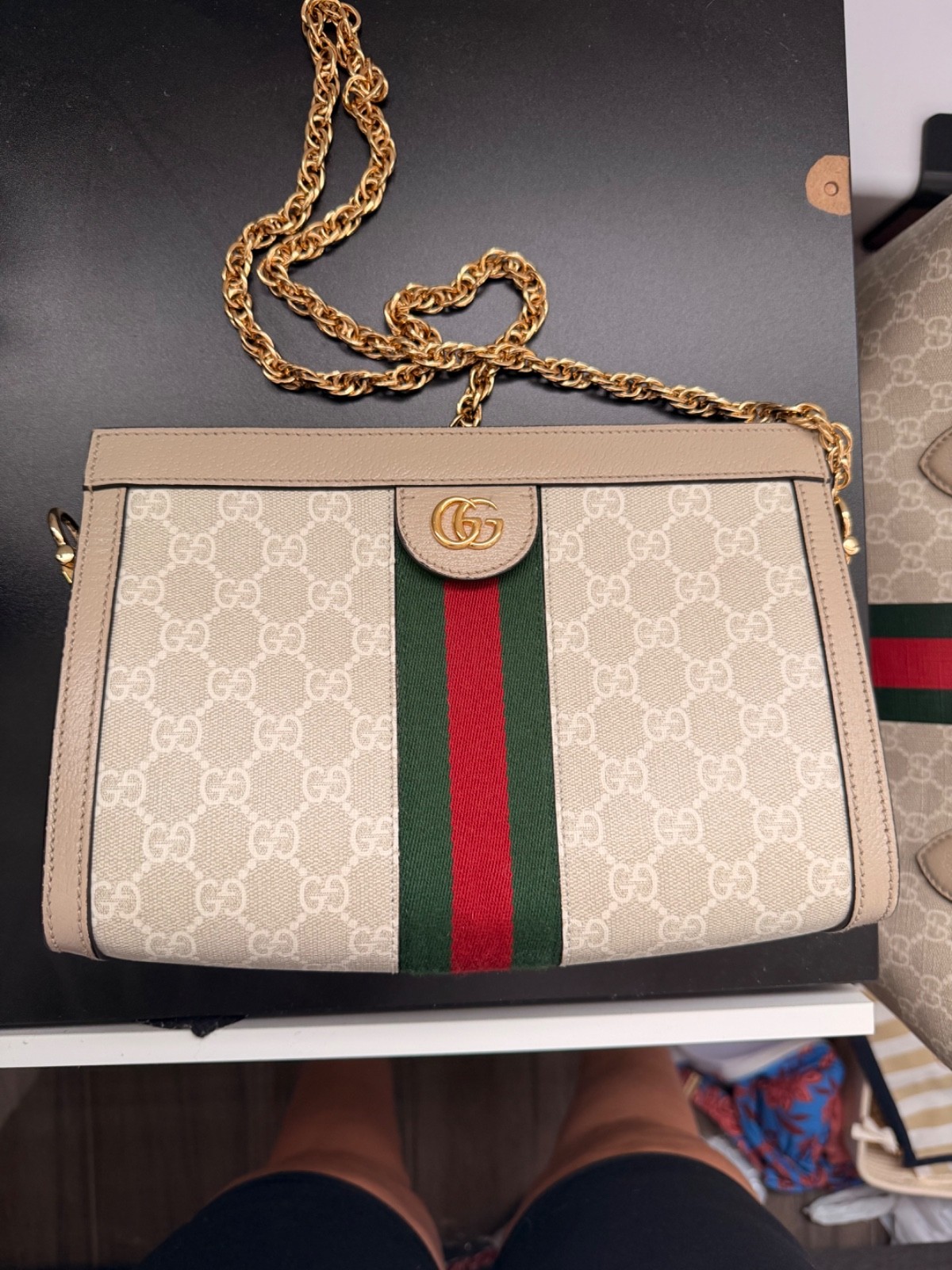 Gucci Ophidia GG Supreme Web Small Chain Shoulder Bag Beige White