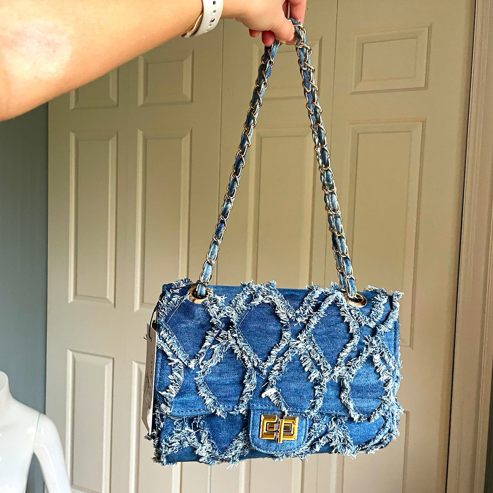 NWT Julie Ferraro Blue Denim Fringe Quilted Chain Shoulder Bag Turn Lock Handbag