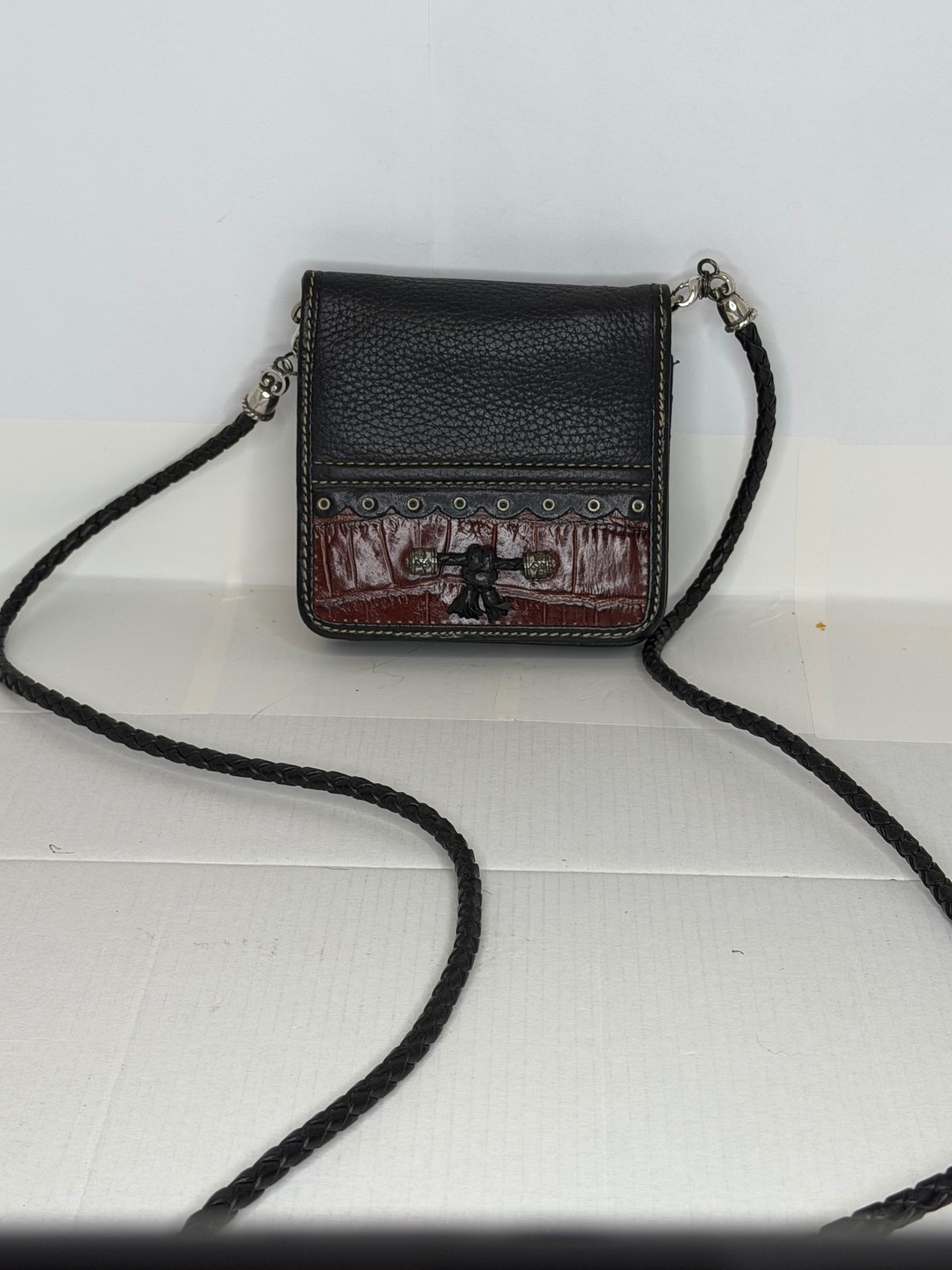 Brighton Leather Organizer Crossbody Wallet Black Brown Purse