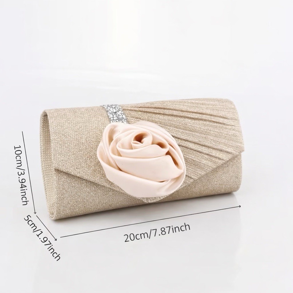 Champagne Gold Rose Clutch Evening Bag Pleated Rhinestone Wedding Formal 8in