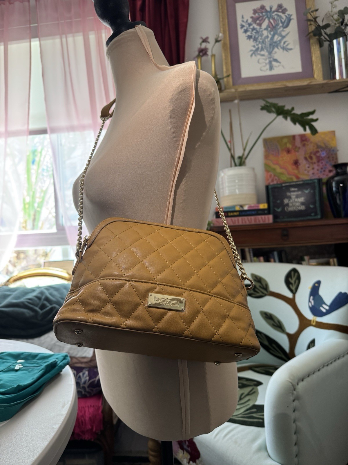 bebe Brown Quilted Crossbody Bag Chain Strap Zip Top Detachable Gold Studs