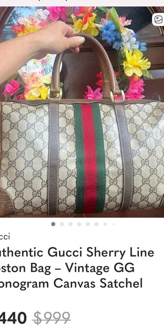 Gucci Sherry Line GG Pattern Boston Satchel Top Handle Beige Brown Red Green