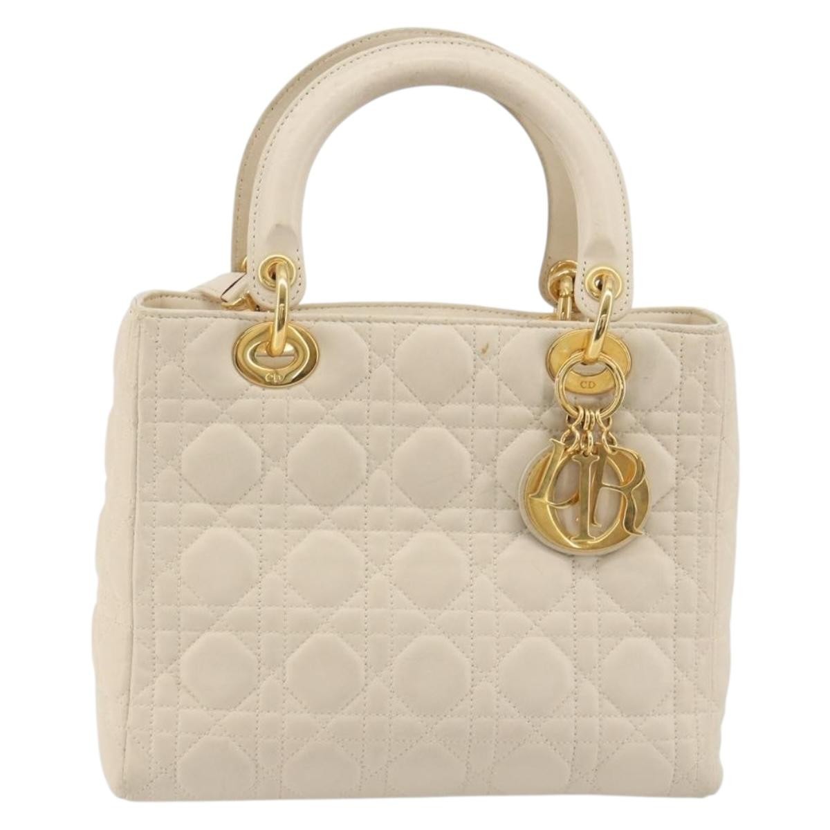 Christian Dior Lady Dior Canage Hand Bag Lamb Skin 2way White Gold Auth ep15557A