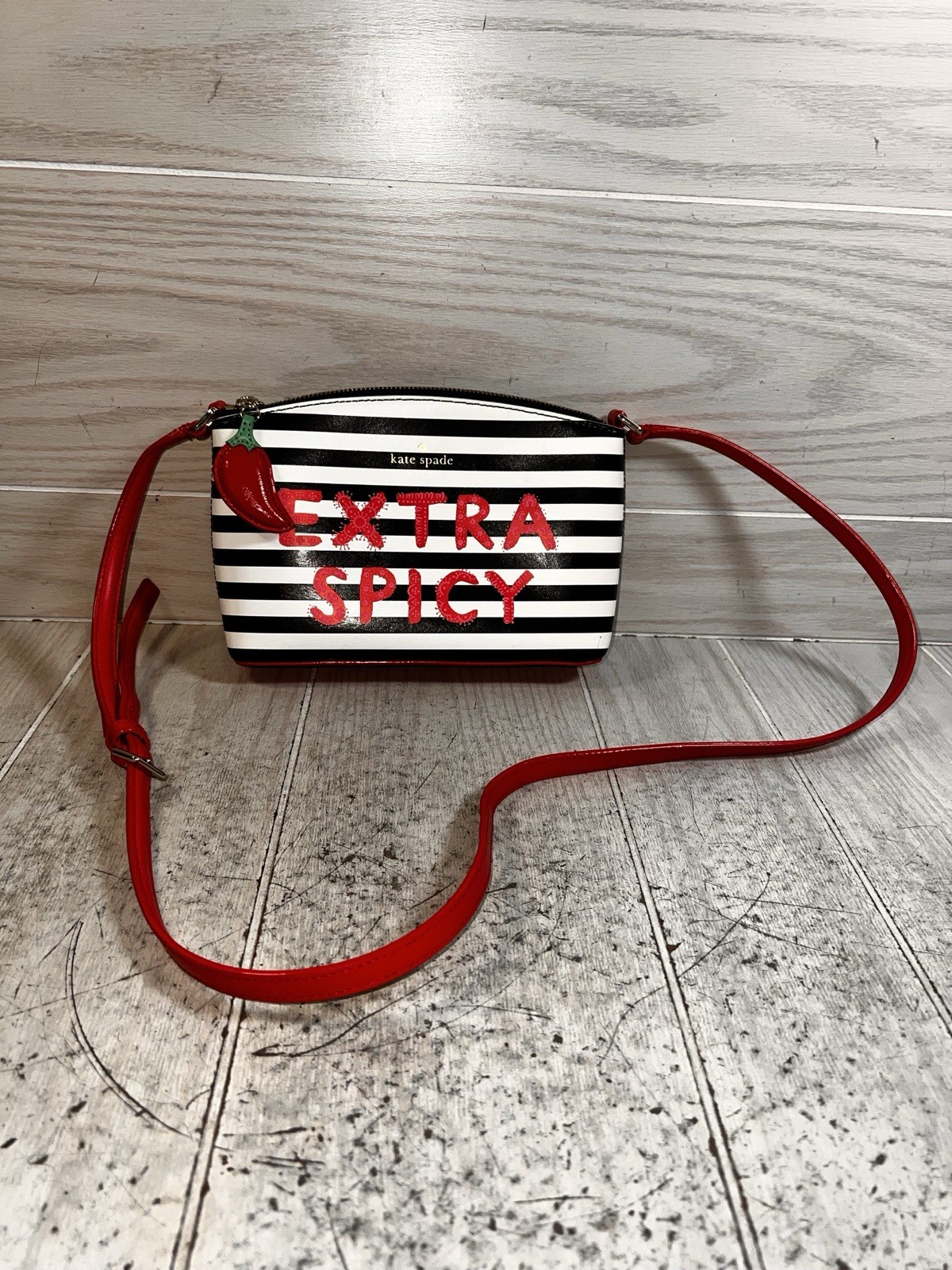 kate spade new york Extra Spicy Striped Crossbody Bag Black White Red Zip