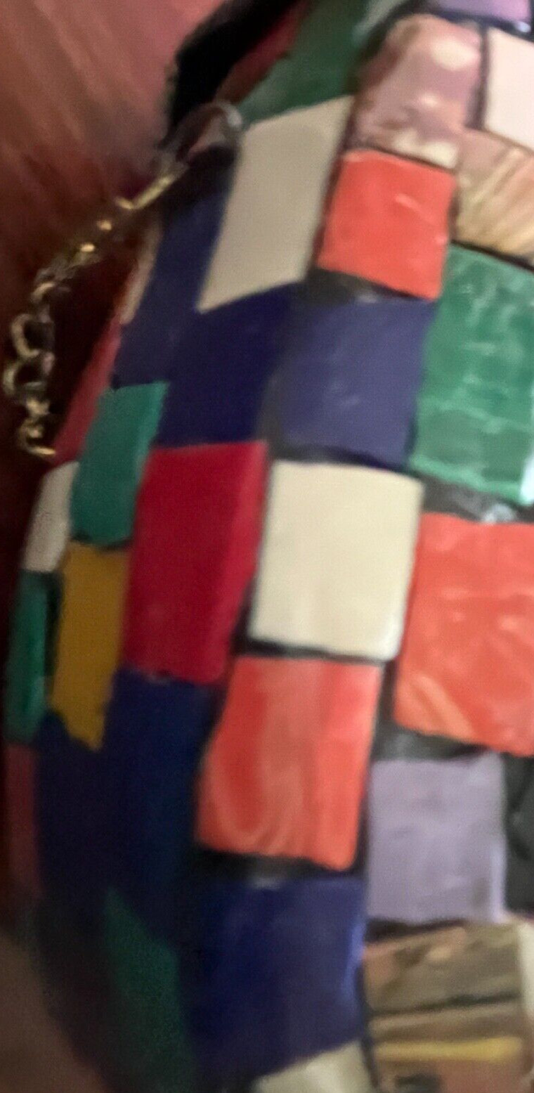 Mosaic look unbranded small handbag chain long strap multi colored w flap hinged