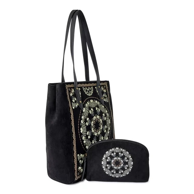 Pioneer Woman Tote Handbag Printed Black Faux Suede 5.71”Wx12.99”Lx12.6″H New