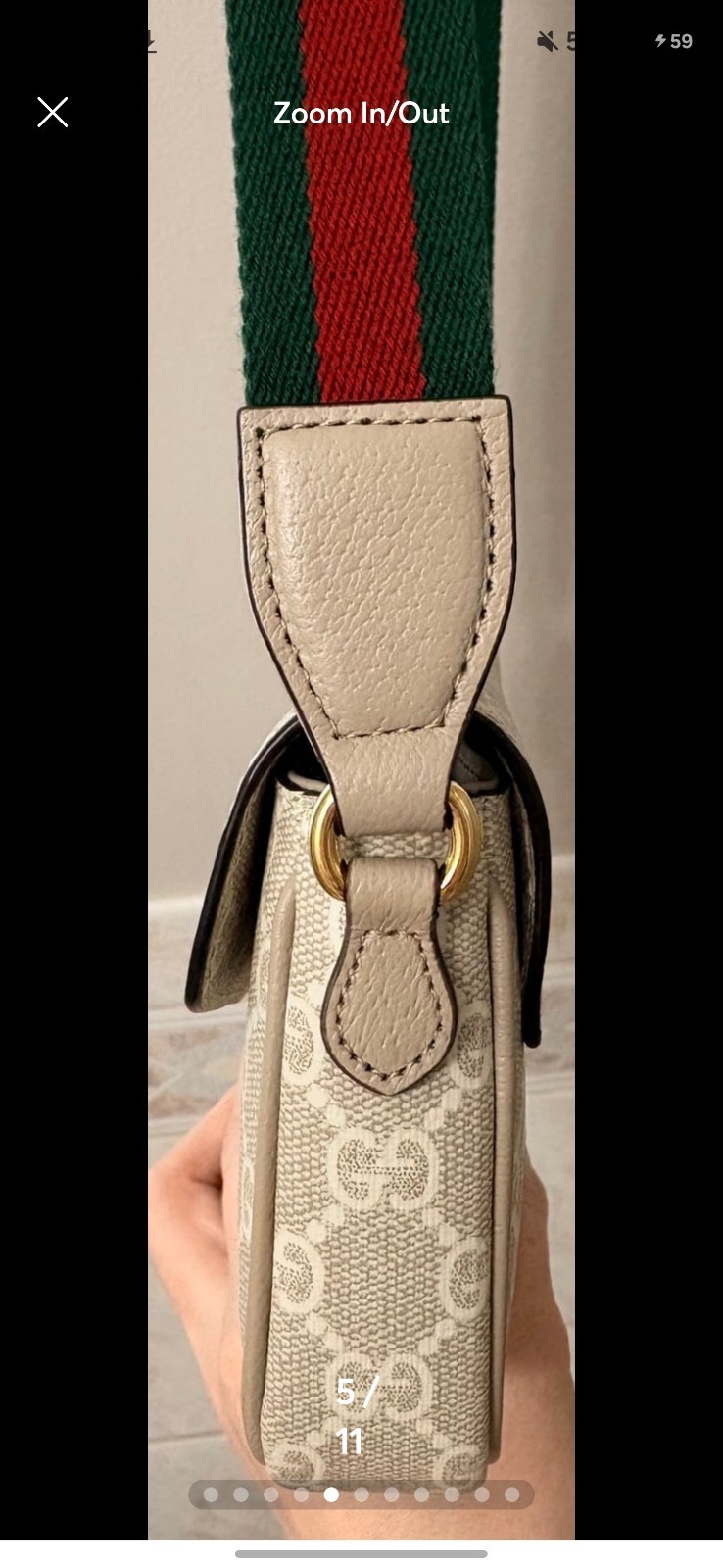 Gucci Ophidia GG Beige Oatmeal Shoulder Bag Green Red Strap Gold Hardware