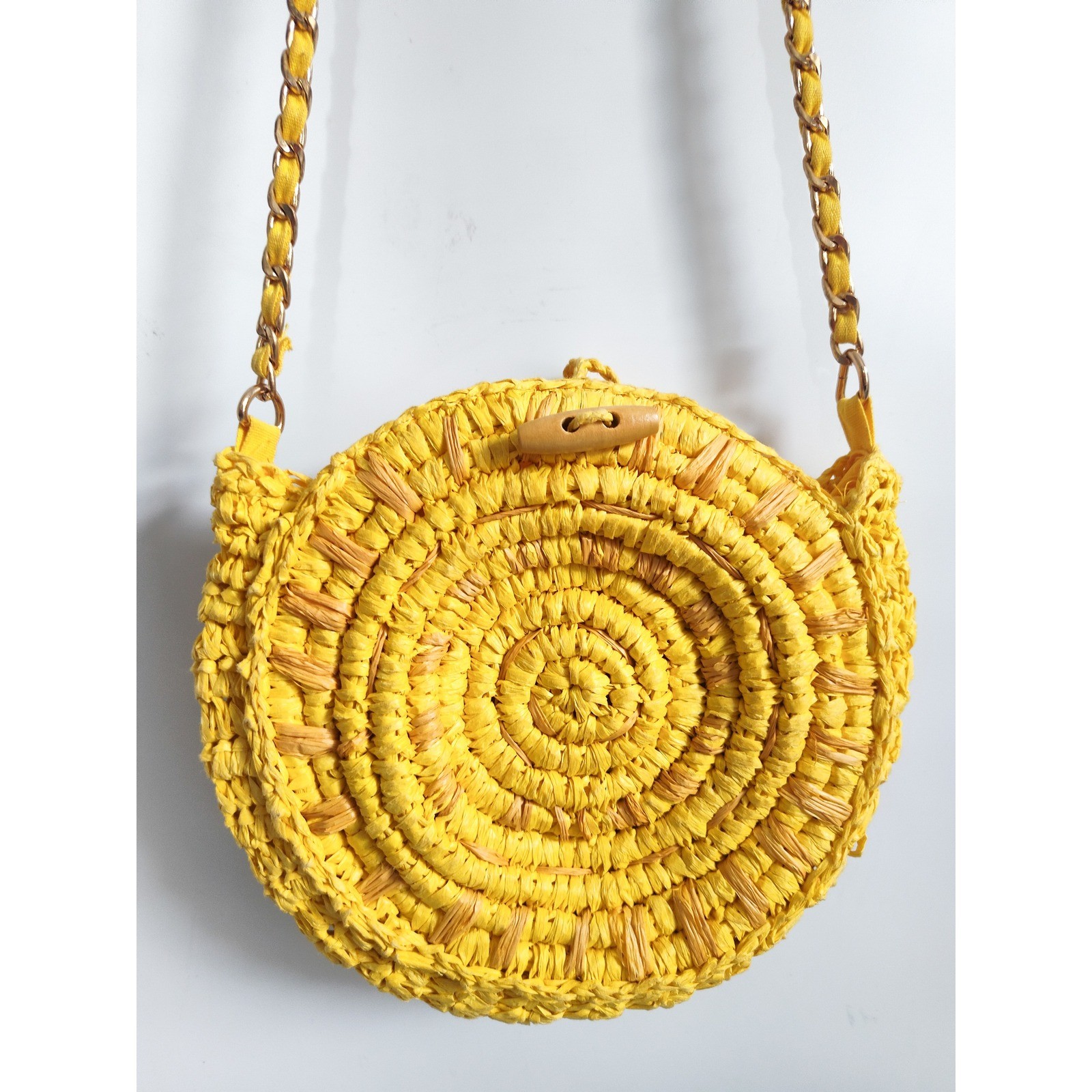 Inc Crossbody Bag Purse Circle Straw Woven 8 in Small Yellow Boho Summer Beach