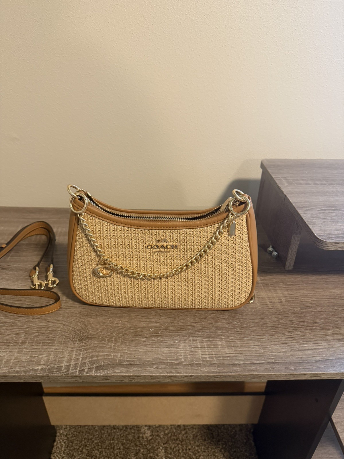 NWT COACH Teri Shoulder Bag With Charm CEC43 straw/Im/Toast Leather