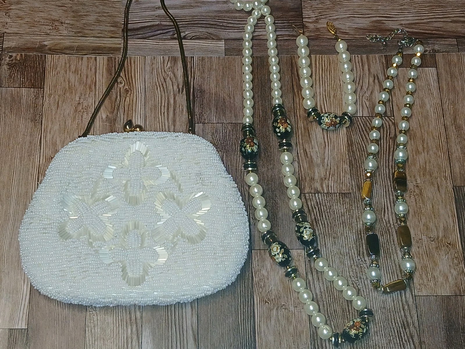 VTG Beaded Evening Wedding Bag Hong Kong +Japan Pearl Set & Tiger Eye Pearl Lot