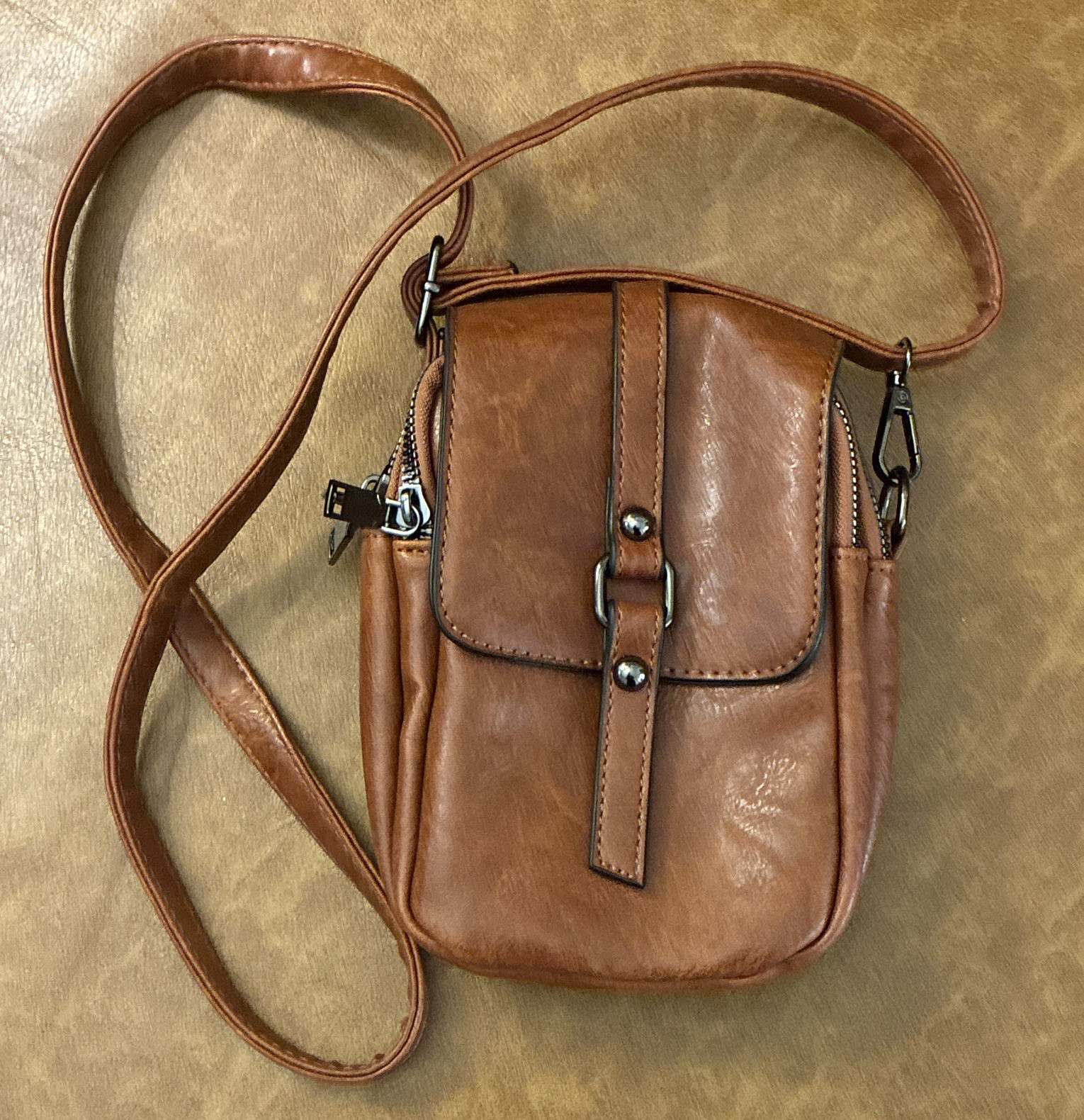 Brown Small Crossbody Bag Adjustable Detachable Strap Zip & Snap Inner Pockets