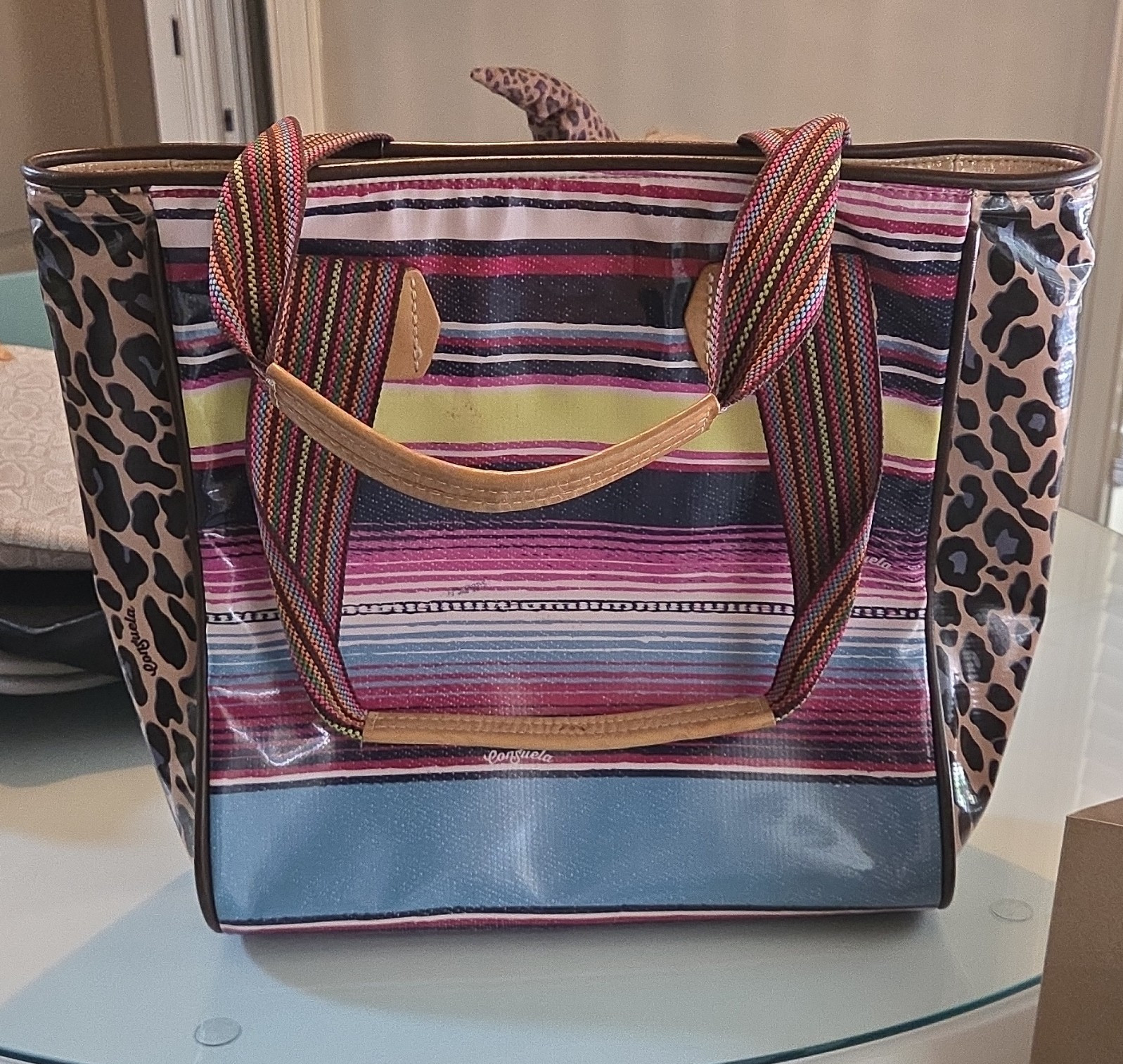 Consuela Multicolor Striped Tote Bag Leopard Accents Detachable Strap Pockets