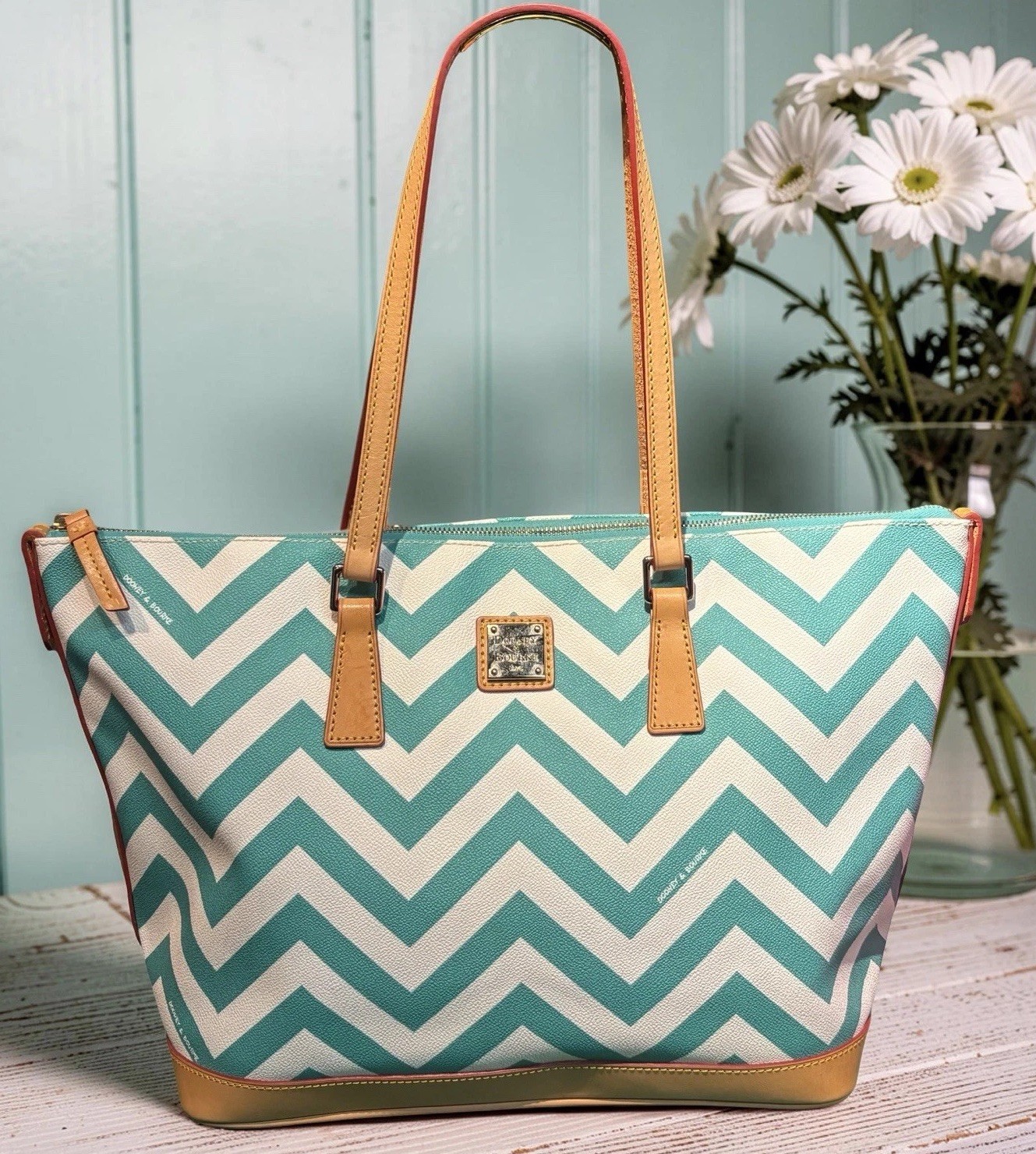 Dooney Bourke Turquoise Spearmint Green Chevron Large Shopper Tote Shoulder Bag