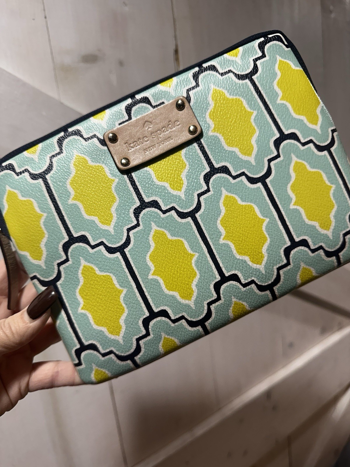 kate spade new york Yellow/Blue Geometric Pouch Wallet, Zip, Logo Plate