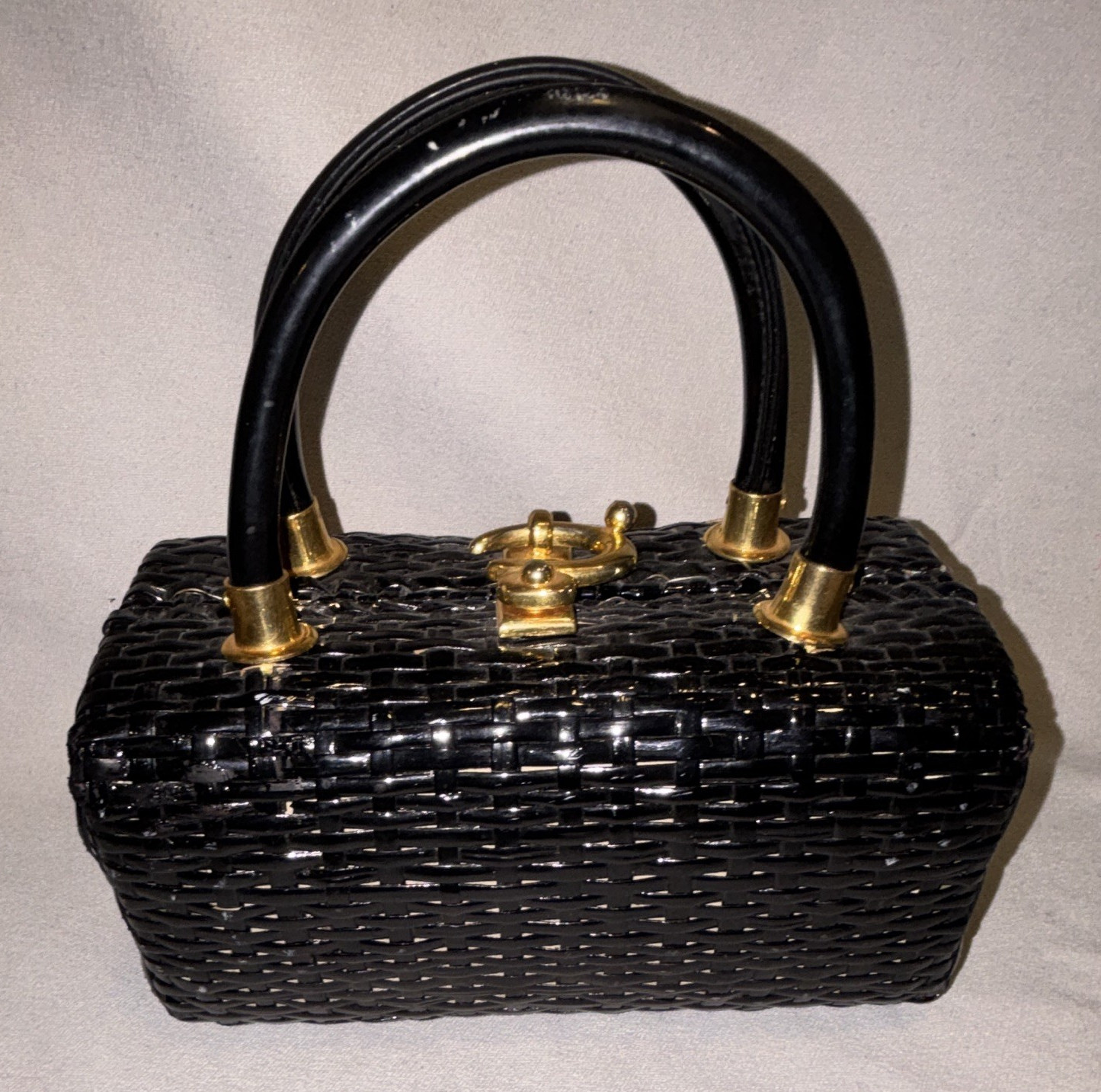 Koret Italy Black Woven Satchel Top Handle Bag, Gold Clasp, Floral Lined, Studs