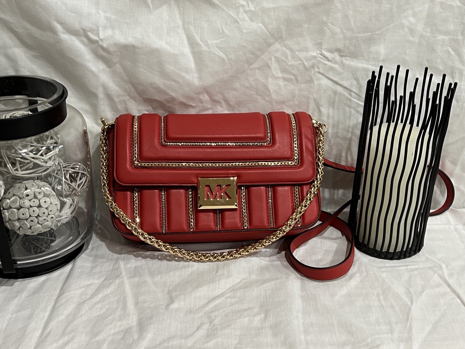 New Michael Kors Sonia Medium MD EW Shoulder Crossbody Hand Bag Flame Red & Gold