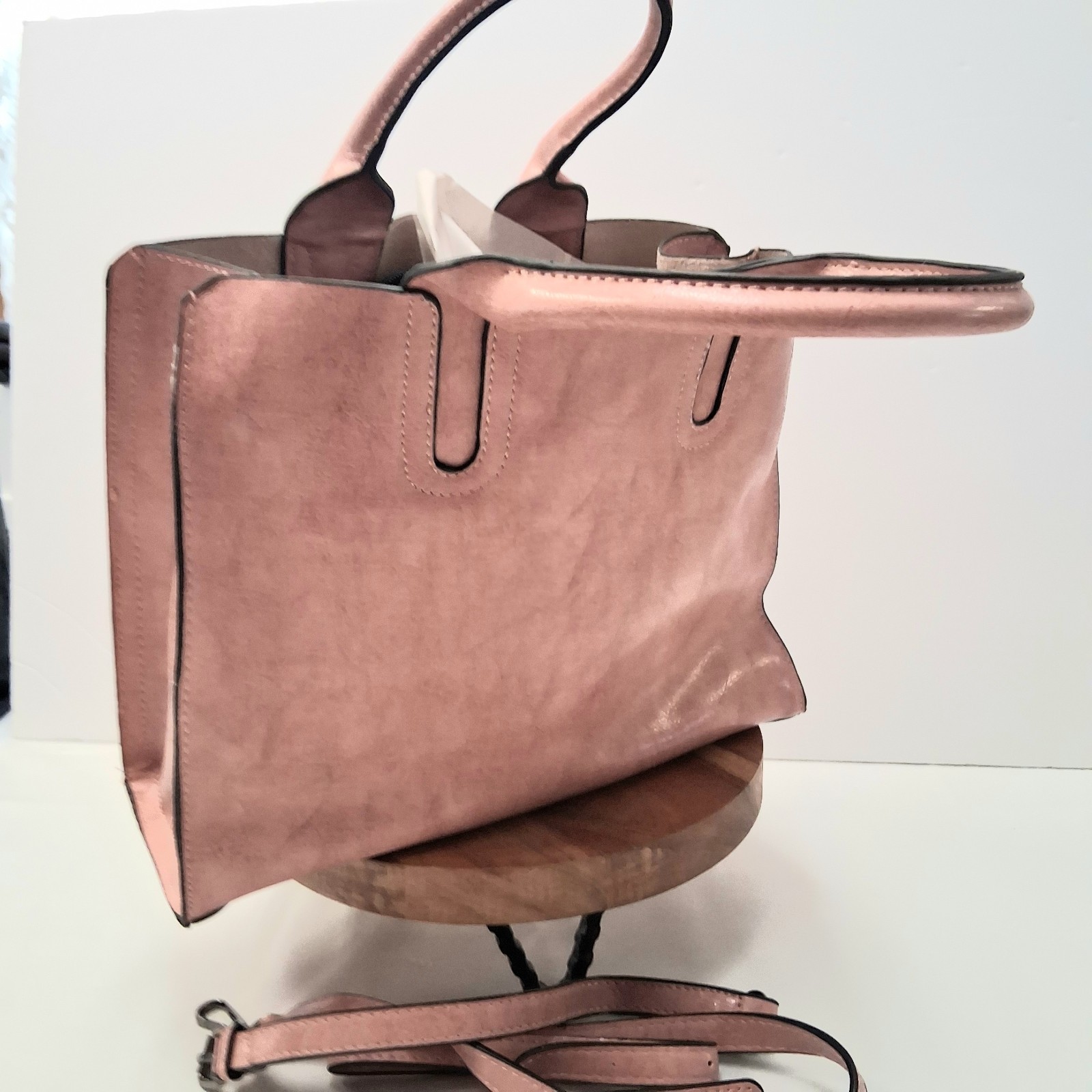 Dusty Pink PU Leather Tote Handbag Unbranded Strap Pockets Brown Liner EUC