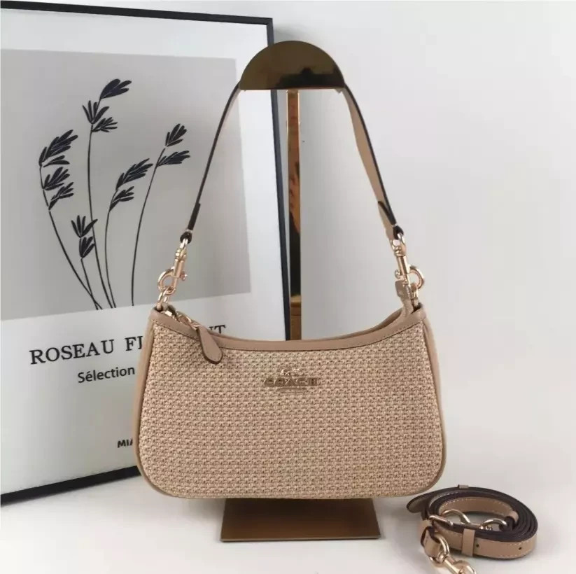 COACH CR350 Teri Shoulder Bag Crossbody Straw Leather Latte Outlet