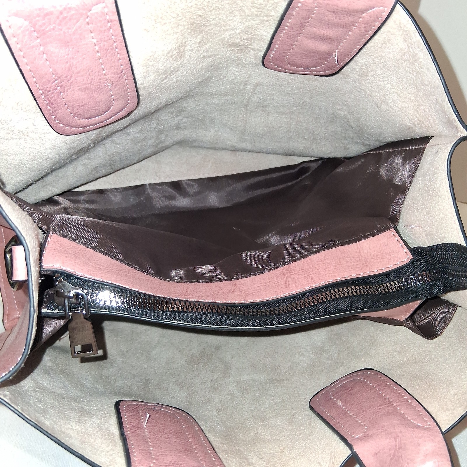 Dusty Pink PU Leather Tote Handbag Unbranded Strap Pockets Brown Liner EUC
