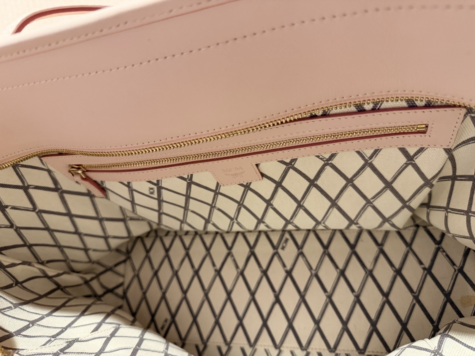 MCM Pink Monogram Tote Bag Double Handles Gold Hardware Inner Pockets Dust Bag