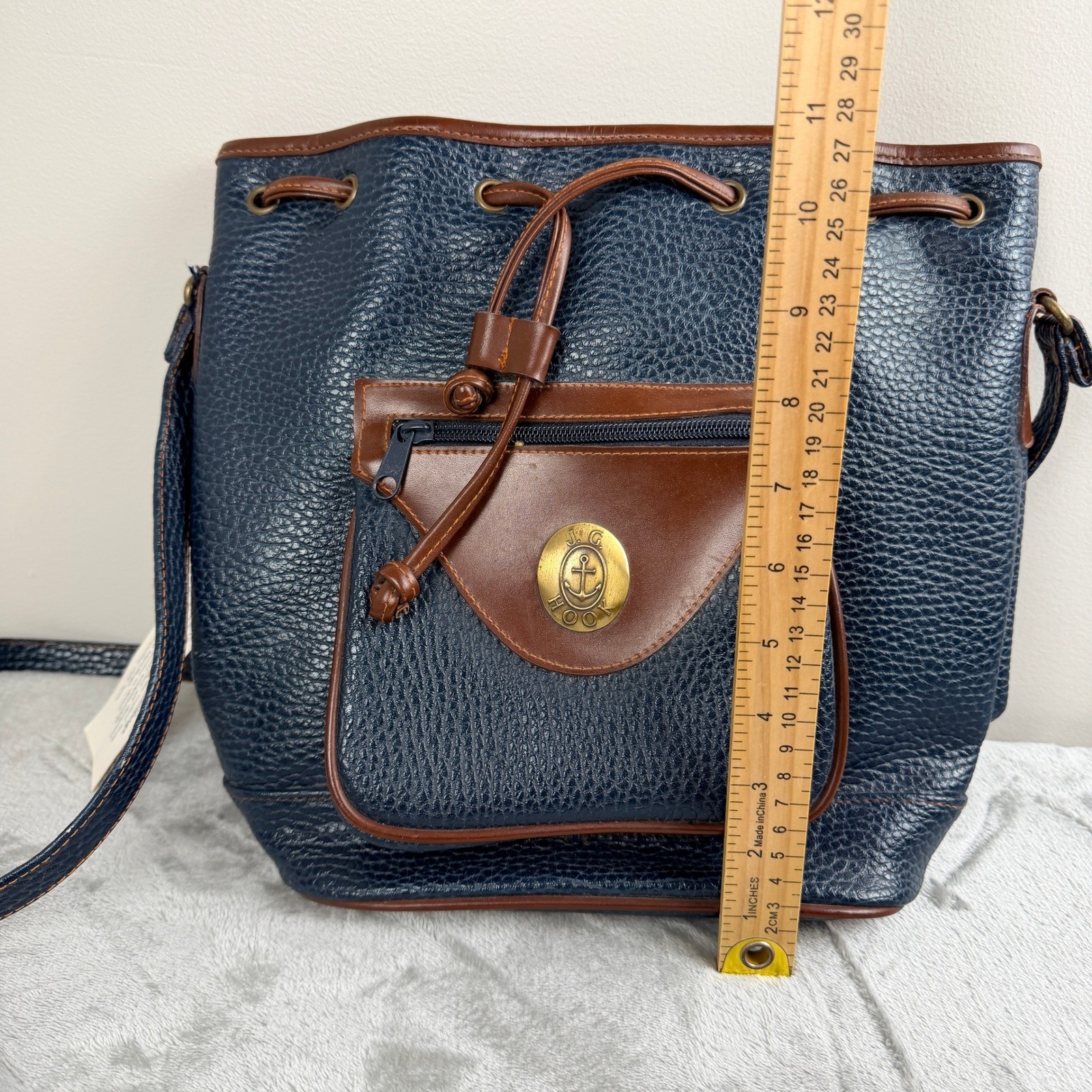 JG Hook Navy Blue Pebbled Crossbody Bucket Bag Brown Trim Vintage Nautical Style