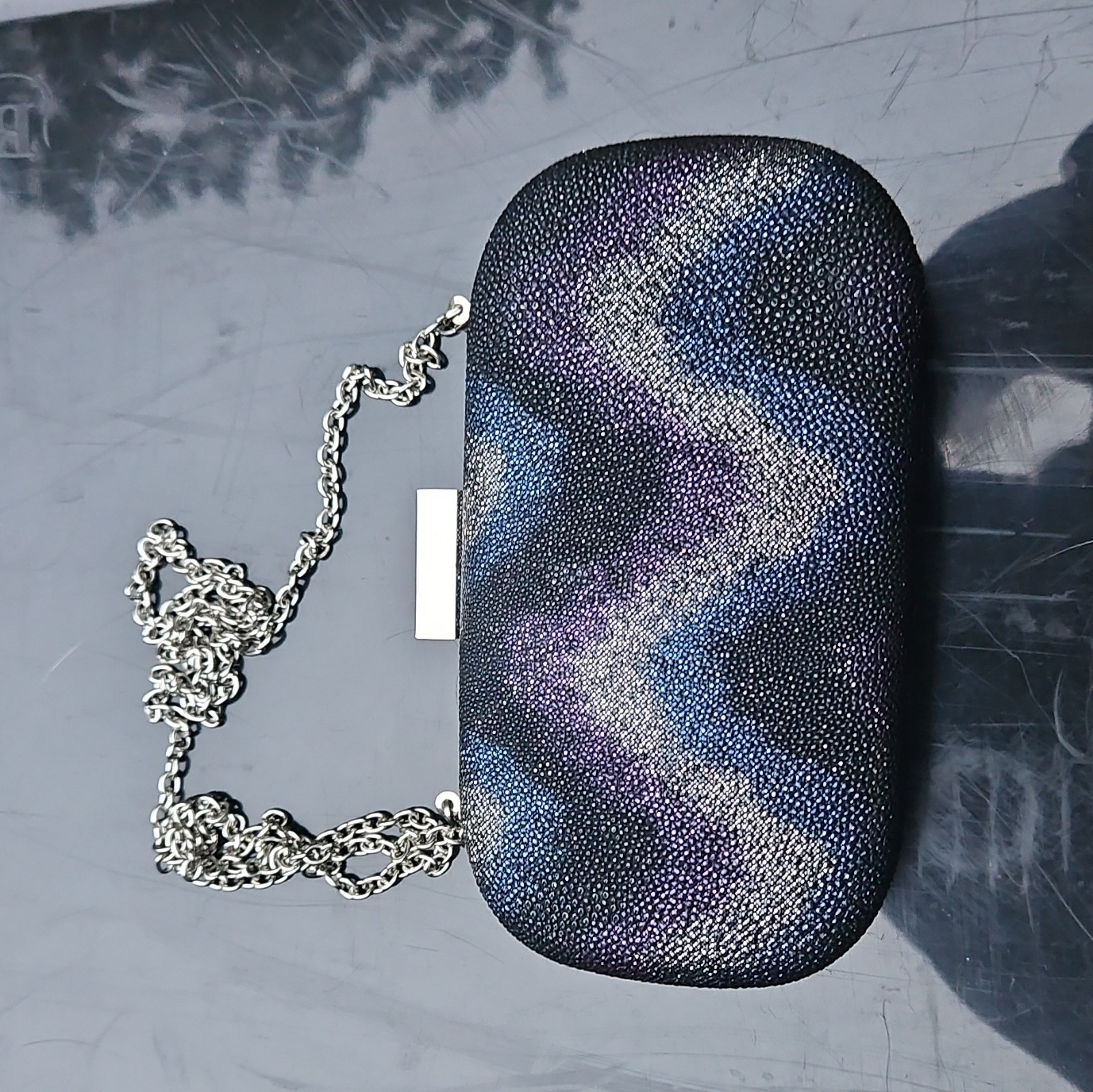 Metallic Abstract Clutch – Detachable Silver Chain Strap