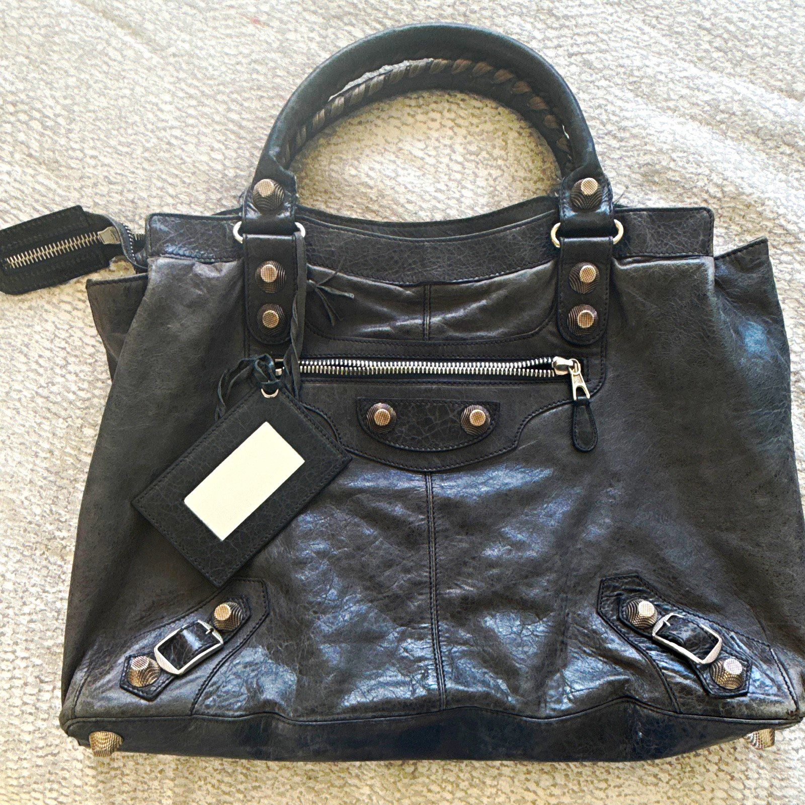 Balenciaga City Satchel Top Handle Black Zip, Studded Buckle, Silver HW